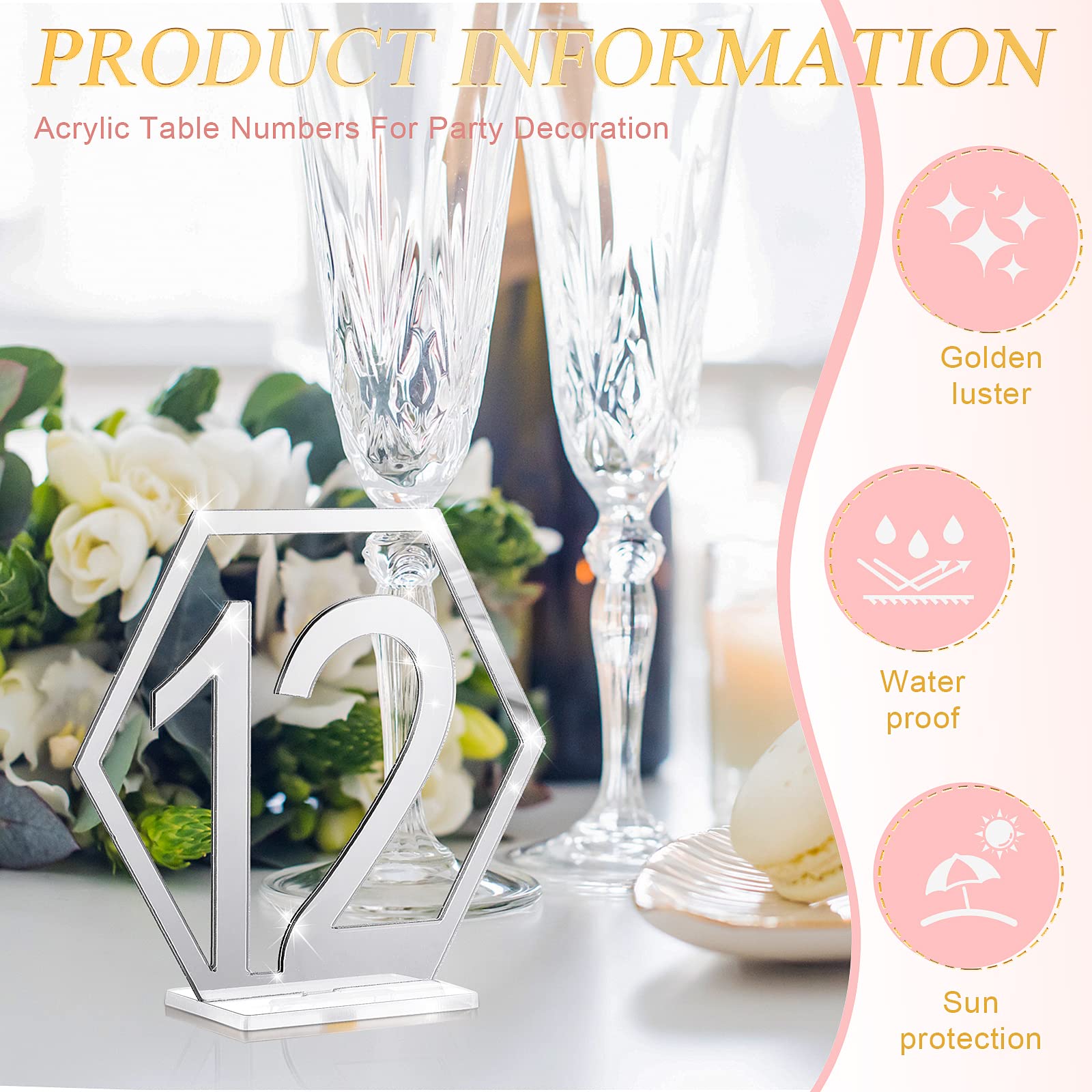 Jetec Table Numbers Wedding Acrylic Table Numbers Hexagon Wedding Numbers Hollow Out Reception Stands Seat Numbers with Holder Base for Wedding Party Event Catering Decoration (Silver)