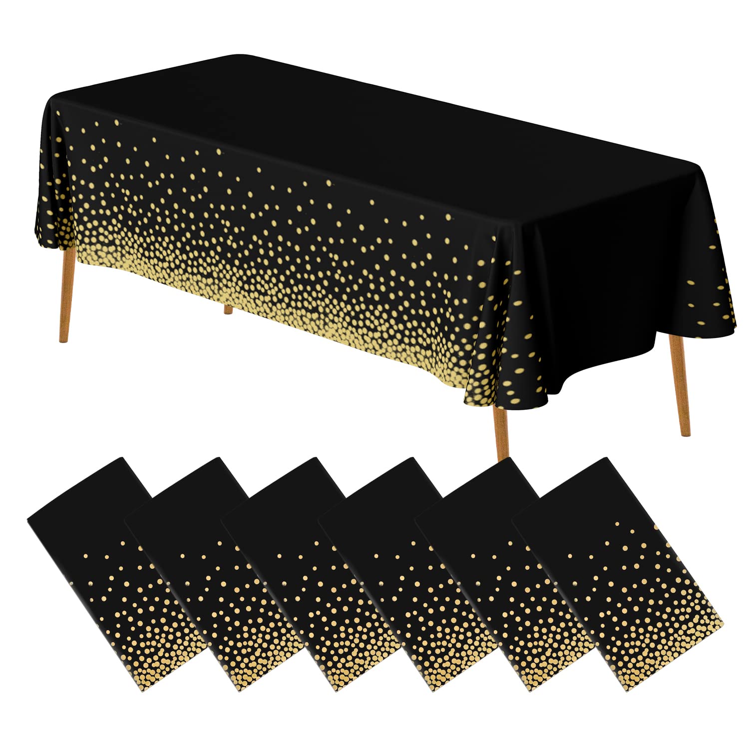 AIRE 6 Pack Black and Gold Plastic Tablecloths for Rectangle Tables, Disposable Party Table Cloths, Gold Dot Confetti Table Covers for Birthday, Graduation, Cocktail Parties, 54" x 108"