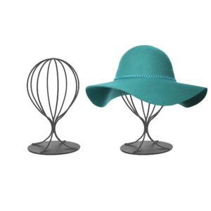 bjewego Black Hat Display Stand - Set of 2 Stylish Women Closet Hat Rack - Sturdy Metal Hat and Wig Holder - Stable Base, Matte Black Finish - Modern Free Standing Table Fedora or Baseball Cap Form