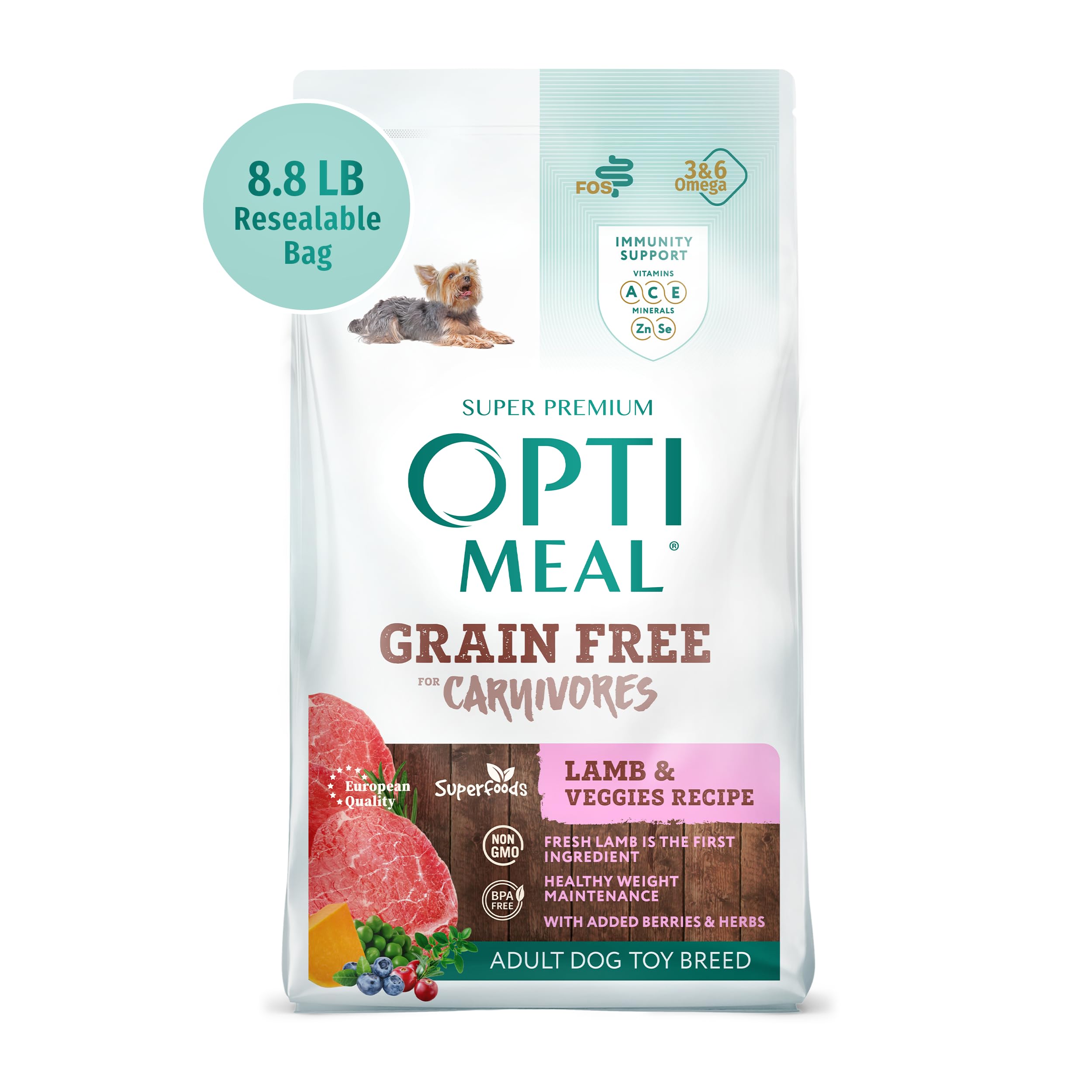 OPtimeal Grain-Free Dog Food - Proudly Ukrainian - Non-Grain Dog Food Dry Recipe, Dry Dog Food to Support Healthy Weight Maintenance - Toy Breeds (8.8 lbs, Lamb & Veggies)