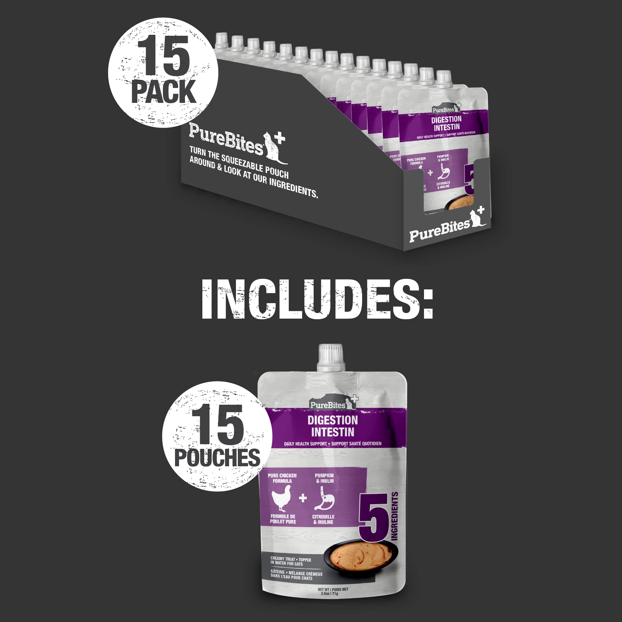 PureBites+ Gut & Digestion Squeezables for Cats, only 5 Ingredients, case of 15