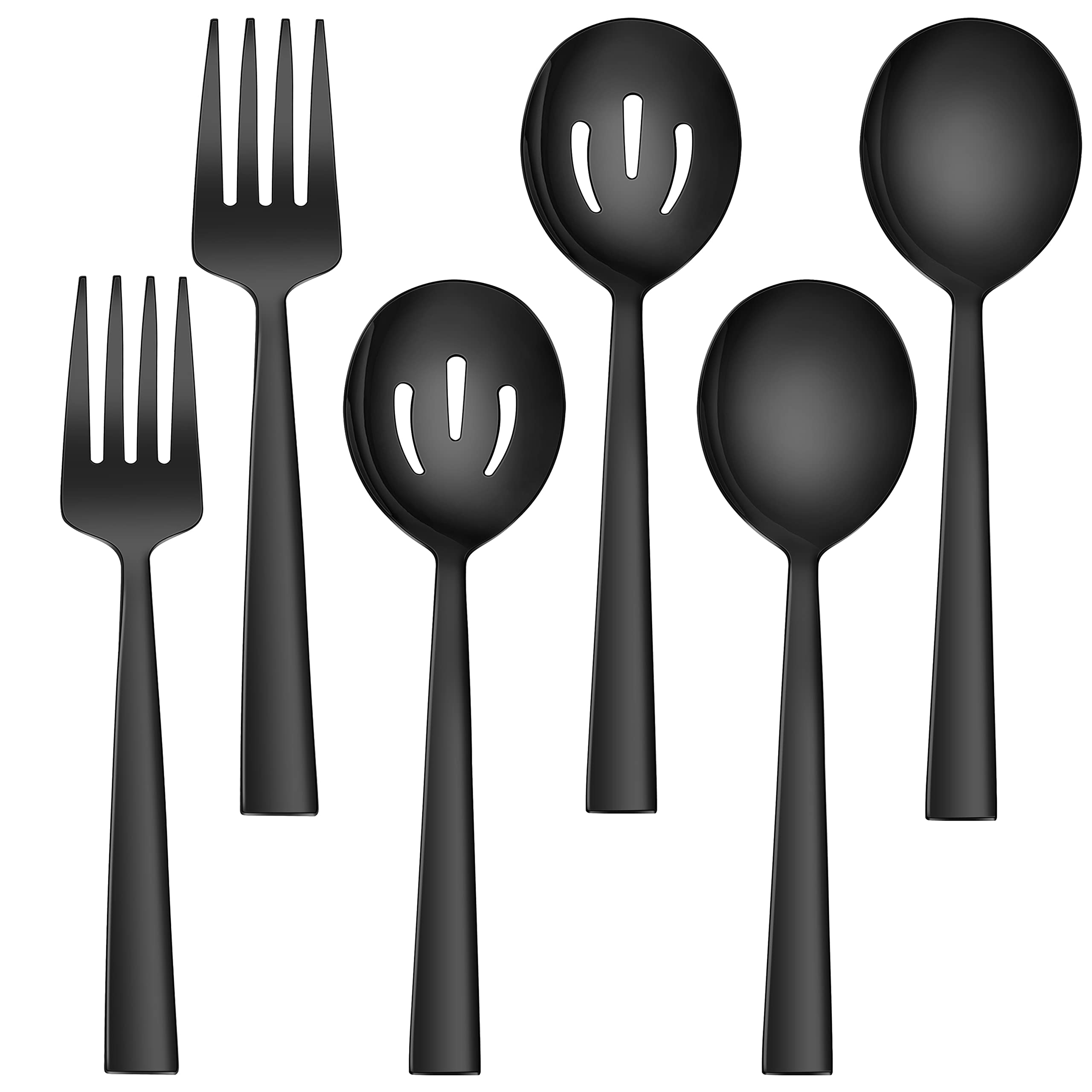 LIANYU 2 Black Serving Spoons, 2 Black Slotted Serving Spoons, 2 Black Serving Forks, 8.6 Inch Stainless Steel Metal Serving Spoons Forks for Buffet Catering Banquet, Dishwasher Safe