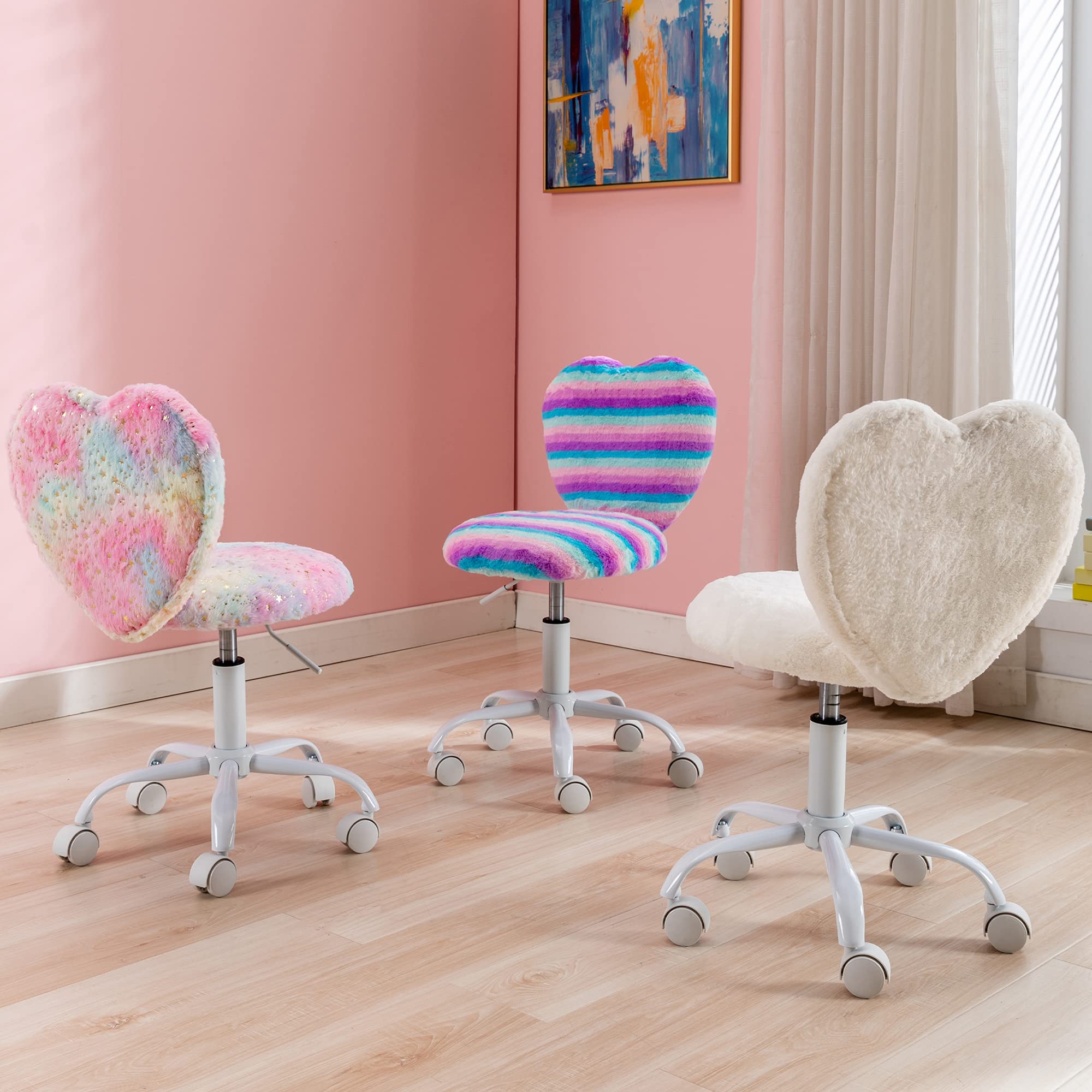 DM Furniture Small Kids Chair, Cute Heart Girls Desk Chair, Rolling Study Chair Furry Pink Computer Chair, Faux Fur Swivel Vanity Chair for Children Bedroom/Study, Colorful