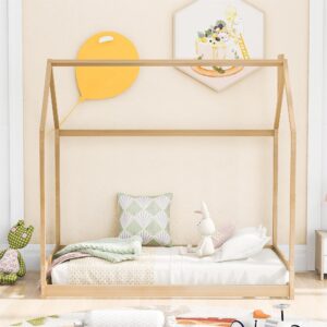 Twin House Bed, Floor Bed, Tent Bed, Wood Bed Frame with Roof for Toddlers Kids Boys Girls Teens, Box Spring Needed, Natural