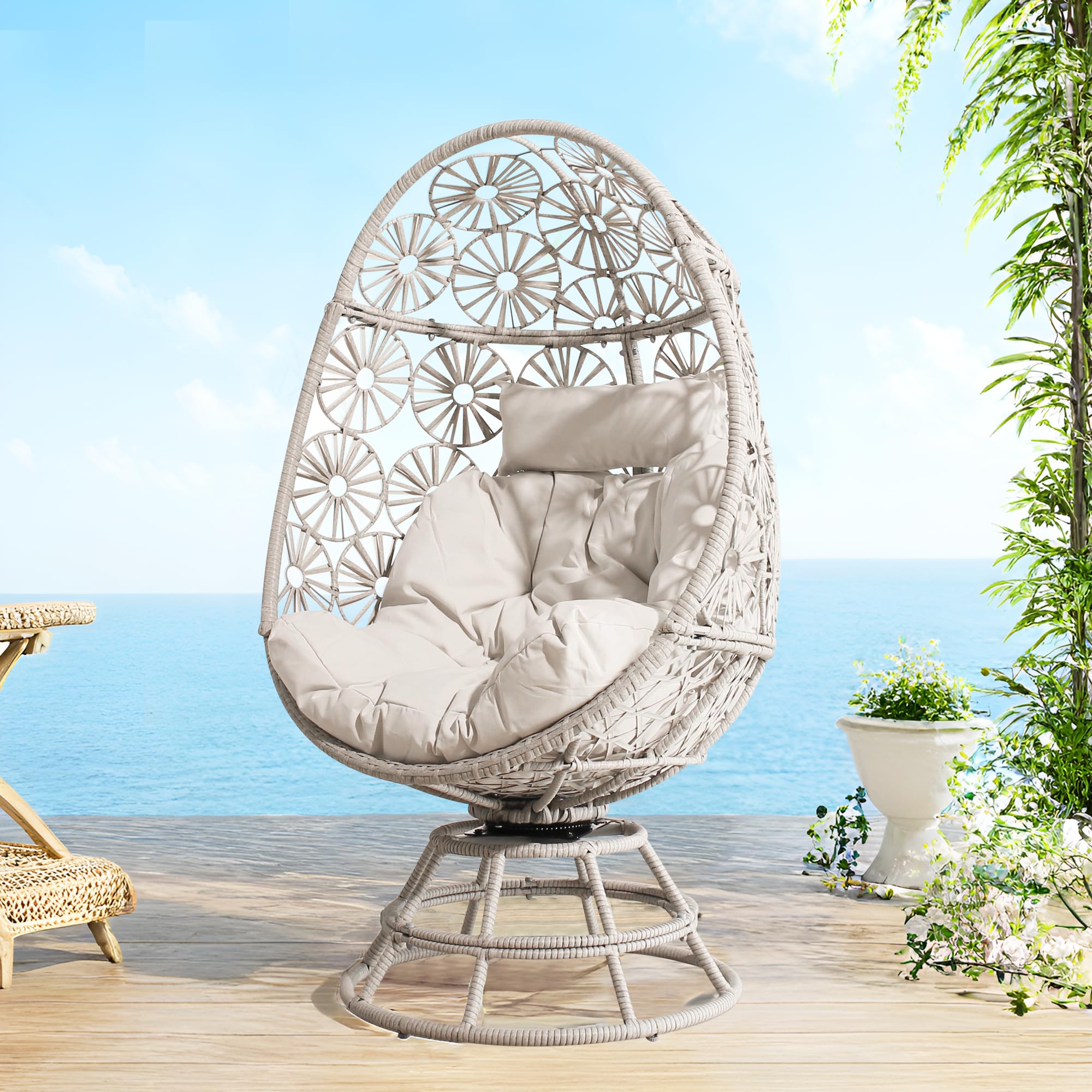 Ulax furniture Wicker Egg Chair, Nest Basket Indoor/Outdoor Lounger for Patio, Backyard, Living Room, Swivel Egg Chair with Cushion (Beige)