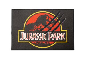 jurassic park logo printed area rug | indoor floor mat, accent rugs for living room and bedroom, home decor for kids playroom | dinosaur toys, gifts and collectibles | 52 x 36 inches