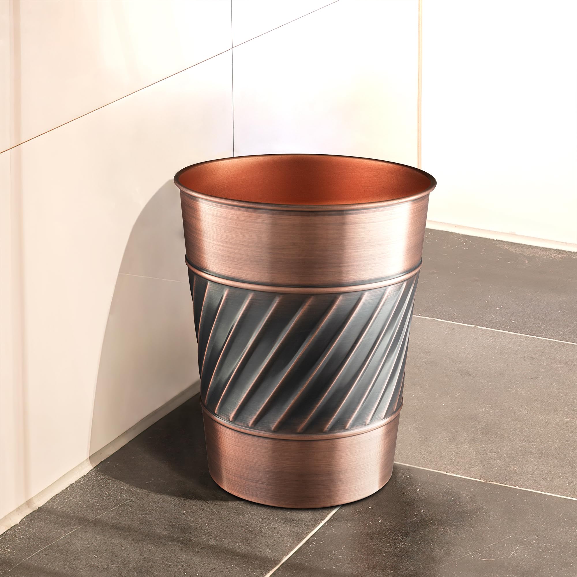 Monarch Abode 39628 Handcrafted, Wave Embossed, Metal Wastebasket Trash Can for Home Office Bedroom, Decorative Wastebasket, Modern Bathroom Decor, Durable, Antique Copper Finish