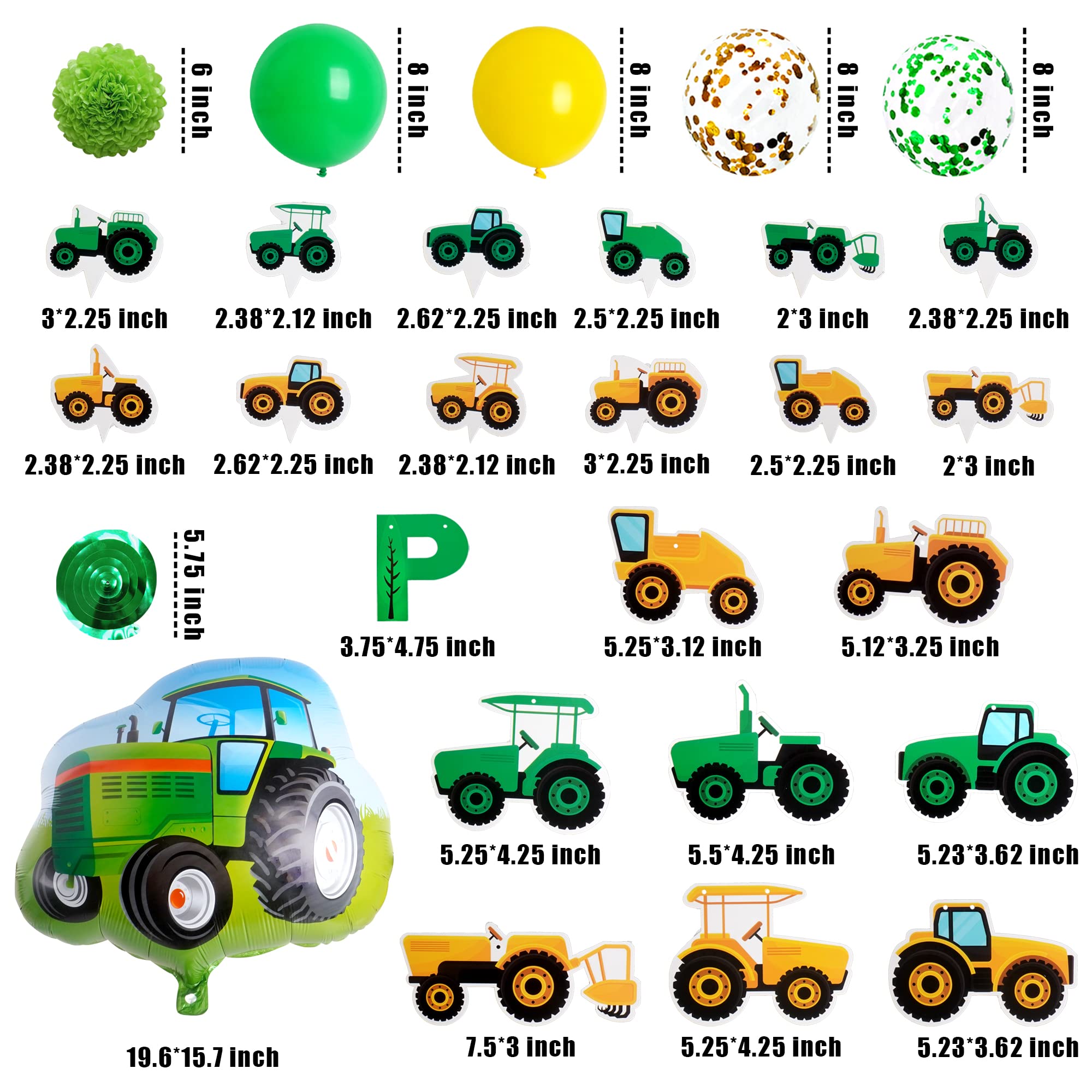 76PCS Green Tractor Themed Party Supplies with Tractor Banner Balloons Garland, Hanging Swirl and Cupcake Toppers for Farm Tractor Decorations As Themed Party Favors