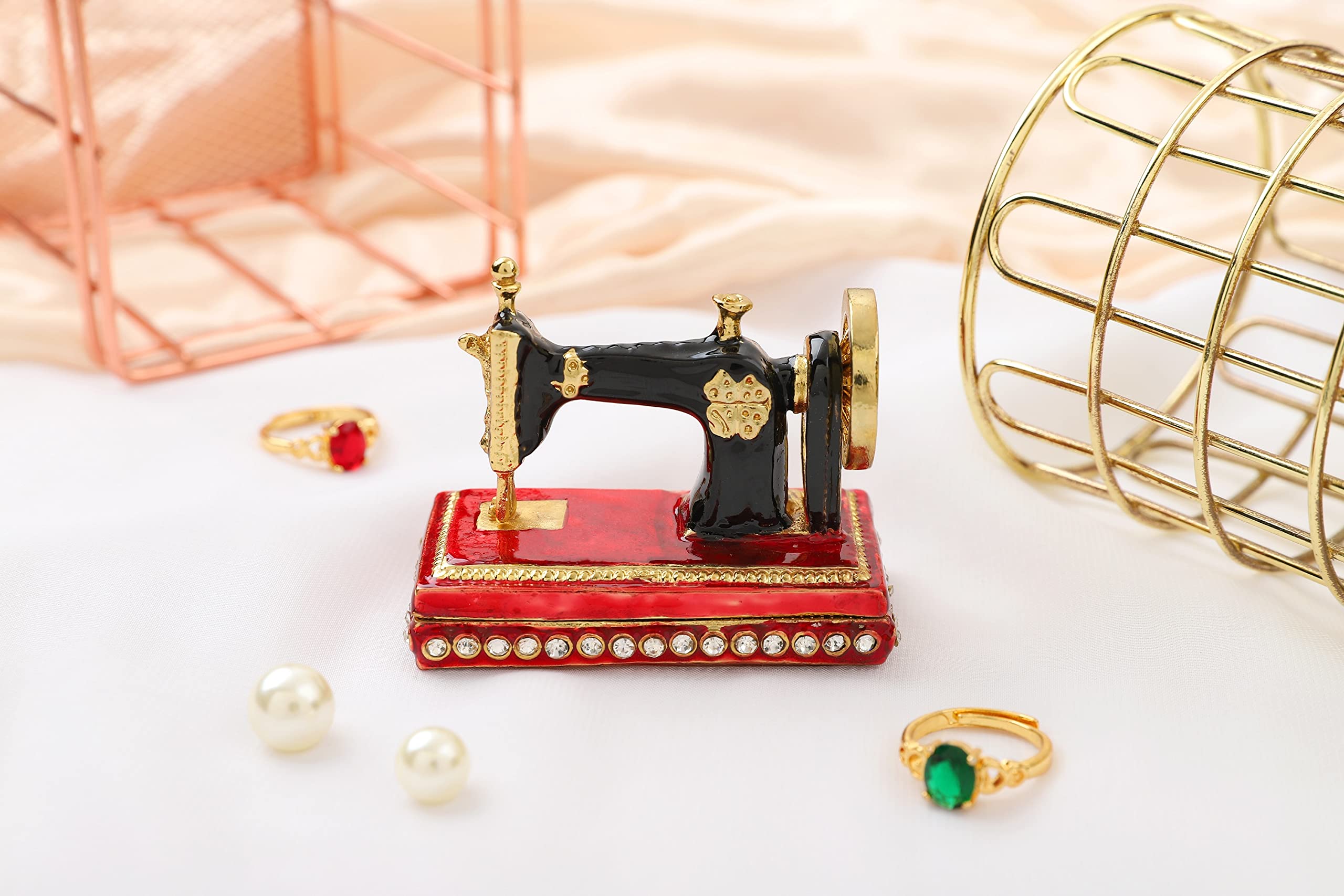 QIFU Vintage Sewing Machine Style Red Mini Enamel Trinket box Hinged, Unique Gfit for Family