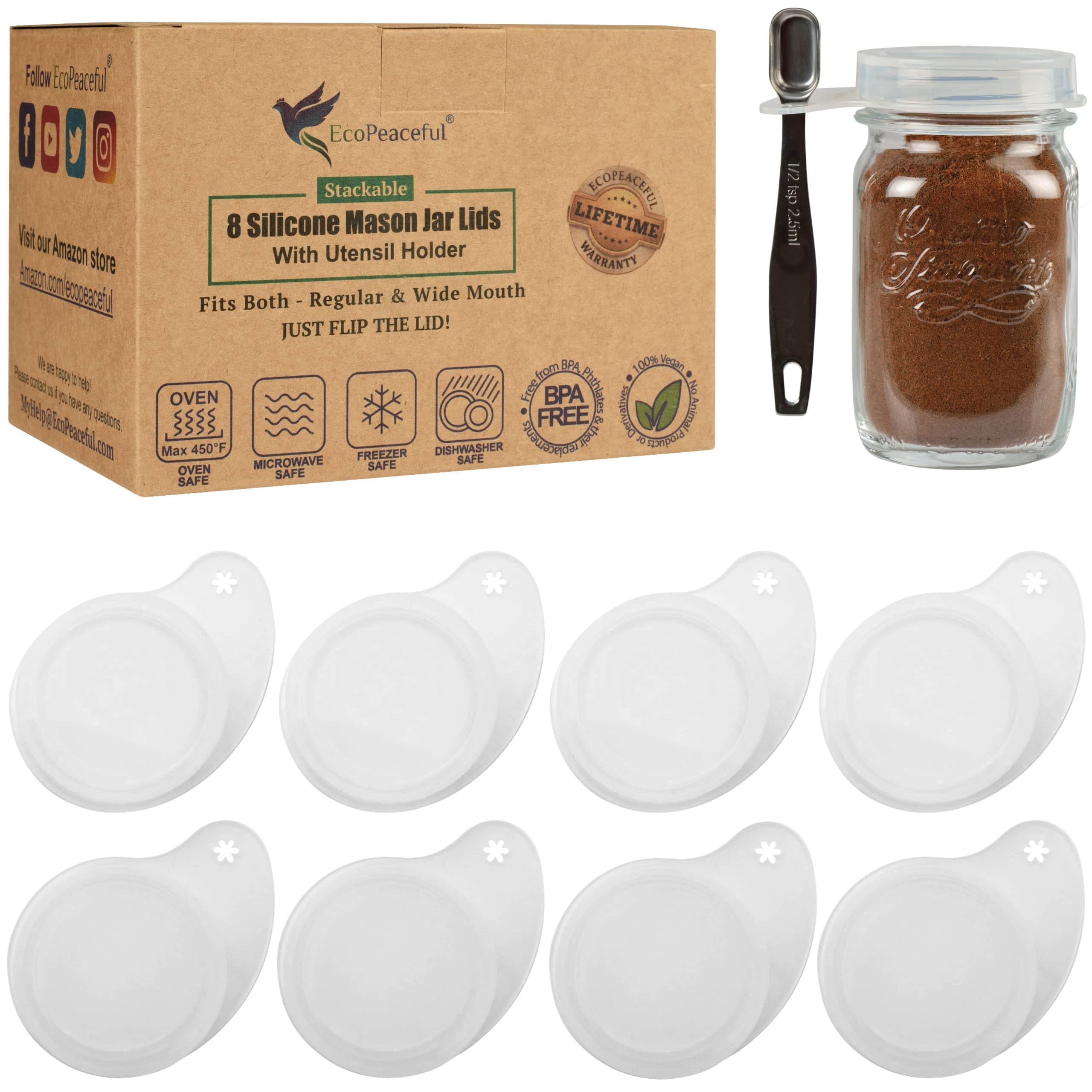 EcoPeaceful 8 Silicone Mason Jar Lids w/Utensil Holder (for Spoon or Straw) - PUSH-ON Mason Jar Caps - One Size For Wide & Regular Mouth Mason Jar Tops - BPA-free, PVC-free, Airtight, Reusable, Vegan