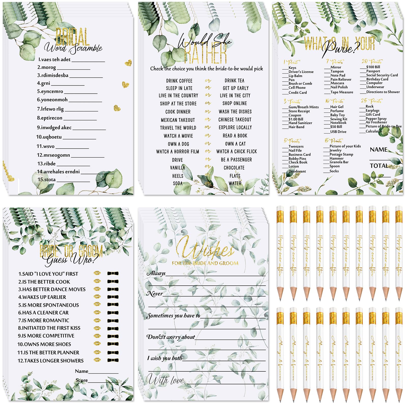 Outus 220 Pieces Bridal Shower Game Set Wedding Games Cards Eucalyptus Lemon Theme Bridal Game Supplies and Pencils Activity Accessories for Bride Groom Bachelorette Party Wedding (Greenery Style)