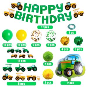 76PCS Green Tractor Themed Party Supplies with Tractor Banner Balloons Garland, Hanging Swirl and Cupcake Toppers for Farm Tractor Decorations As Themed Party Favors