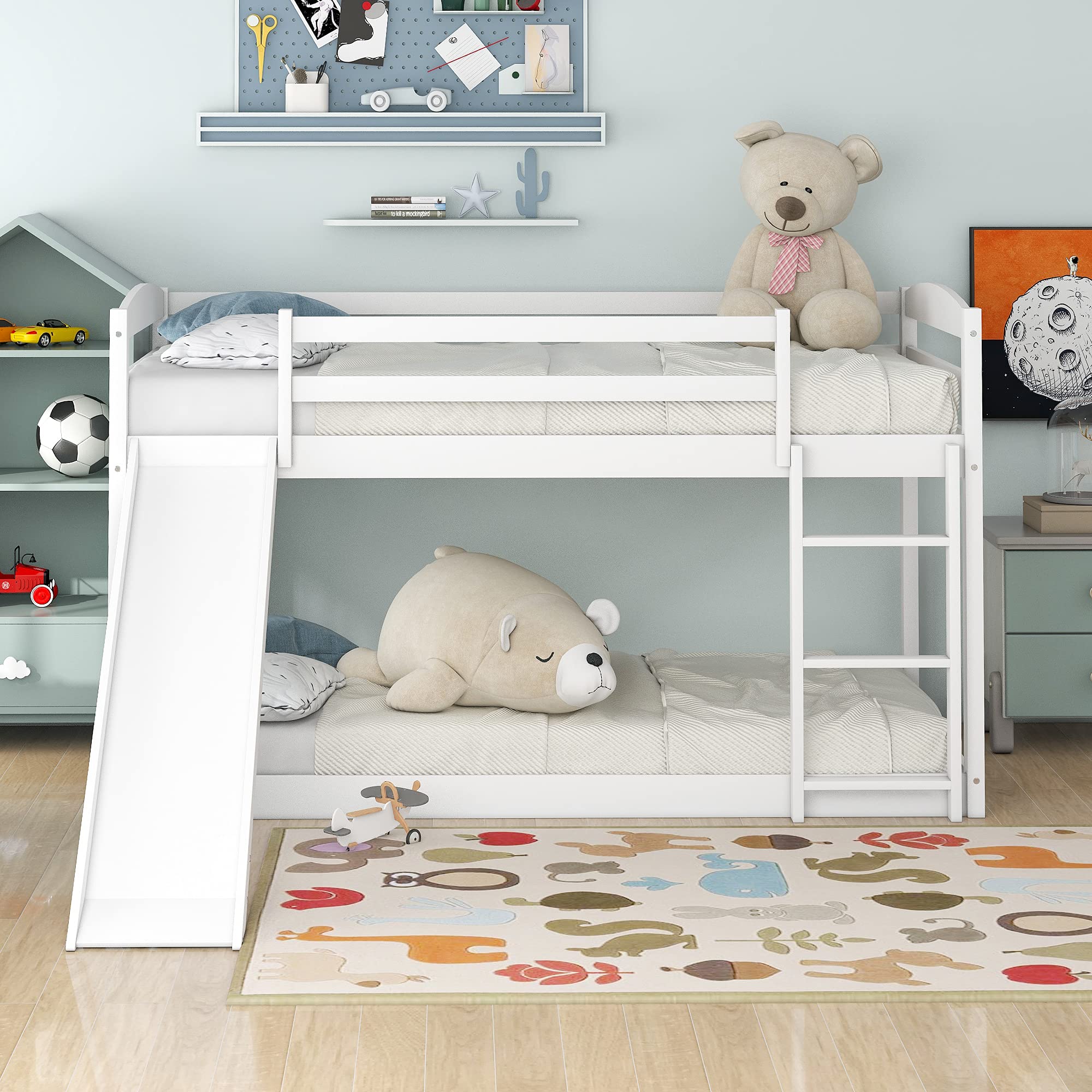 Low Bunk Beds Twin Over Twin Bunk Bed with Slide and Ladder, Wooden bunk Bed for Toddlers Kids Boys Girls (White)