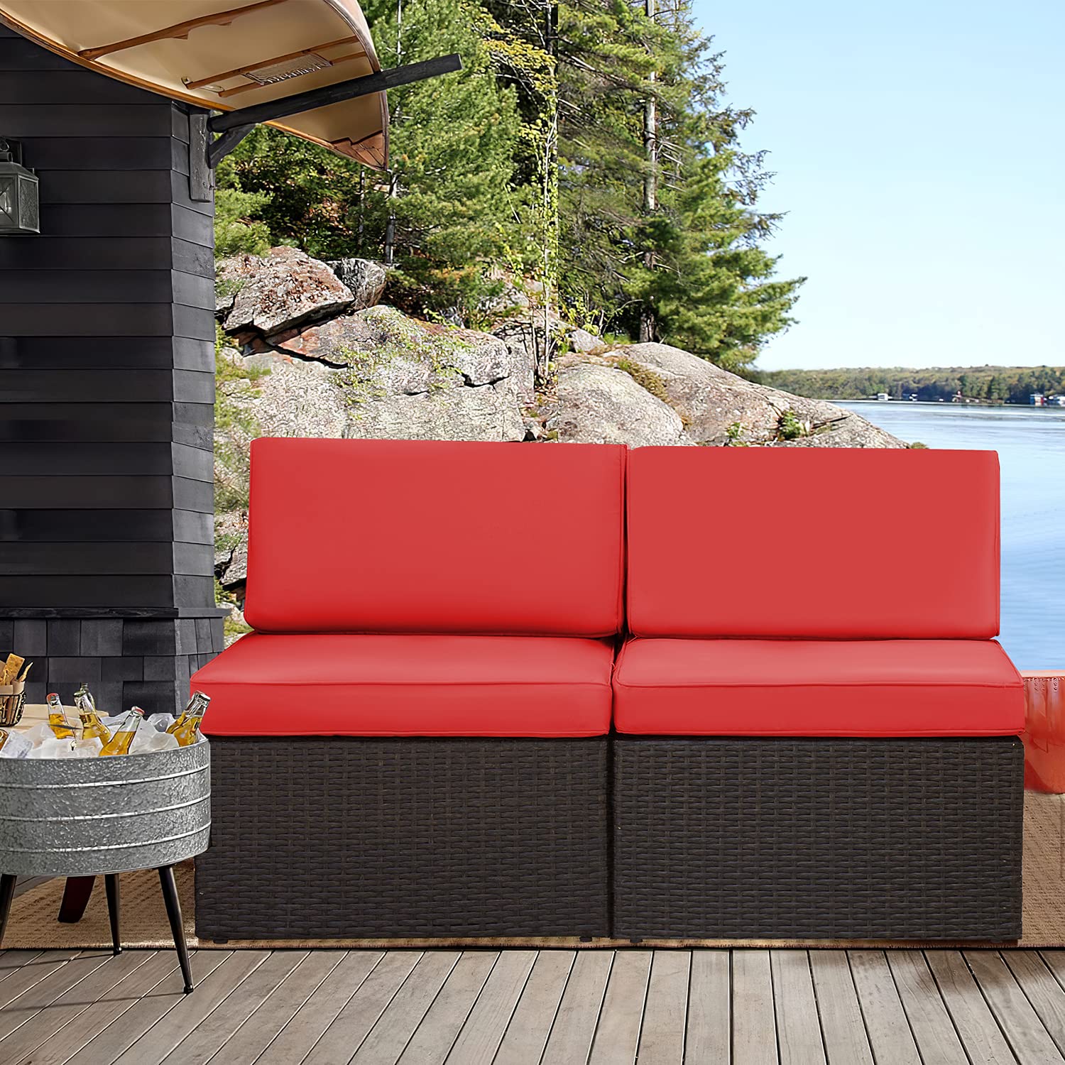 Devoko 2 Pieces Patio Furniture Sets All-Weather Outdoor Sectional Armless Sofa (Red)