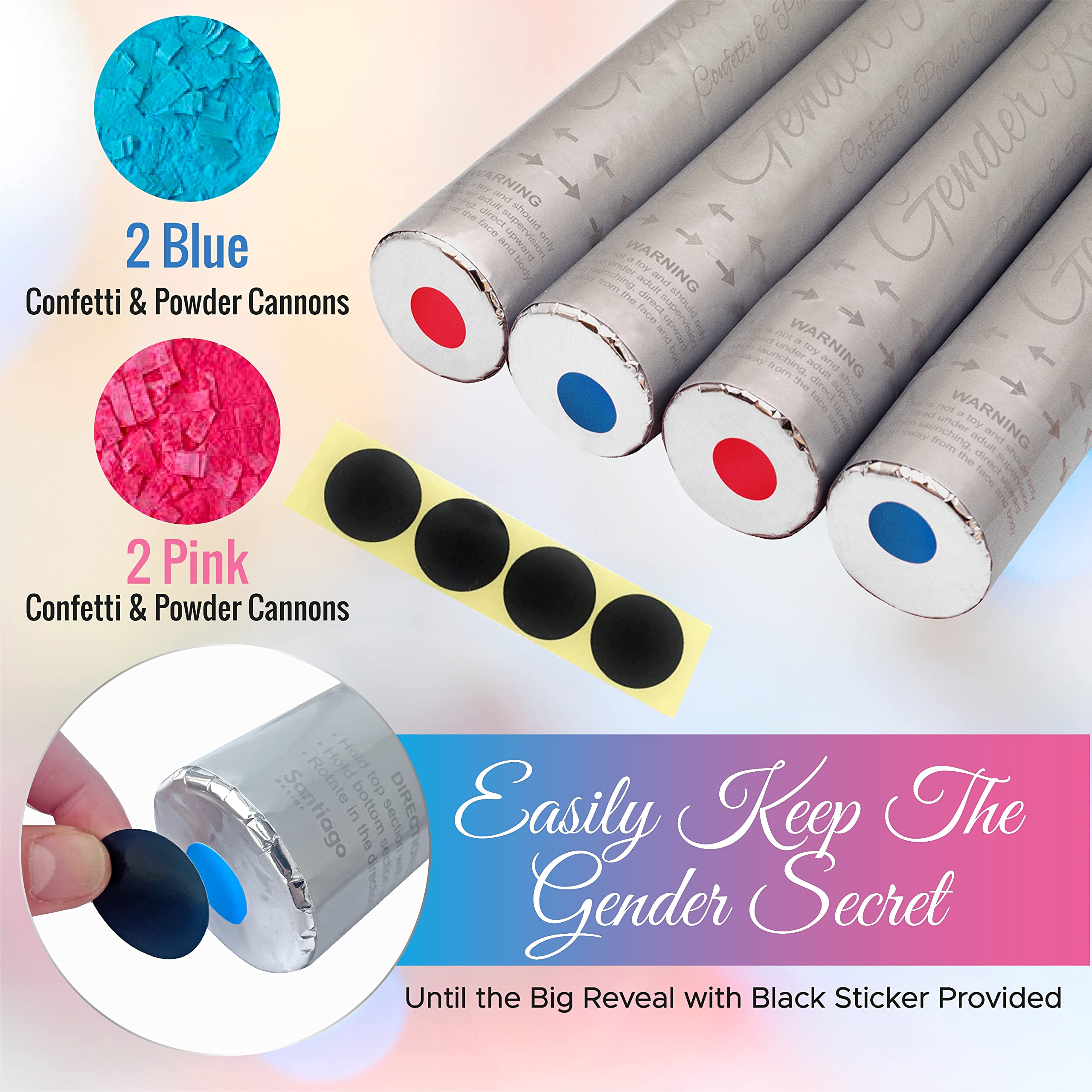 Santiago Design | Gender Reveal Confetti Cannon Poppers - Set of 4 (2 Blue 2 Pink) - 100% Biodegradable Confetti Tissue & Safe Powder Smoke - Baby Boy Girl Gender Reveal Party Supplies