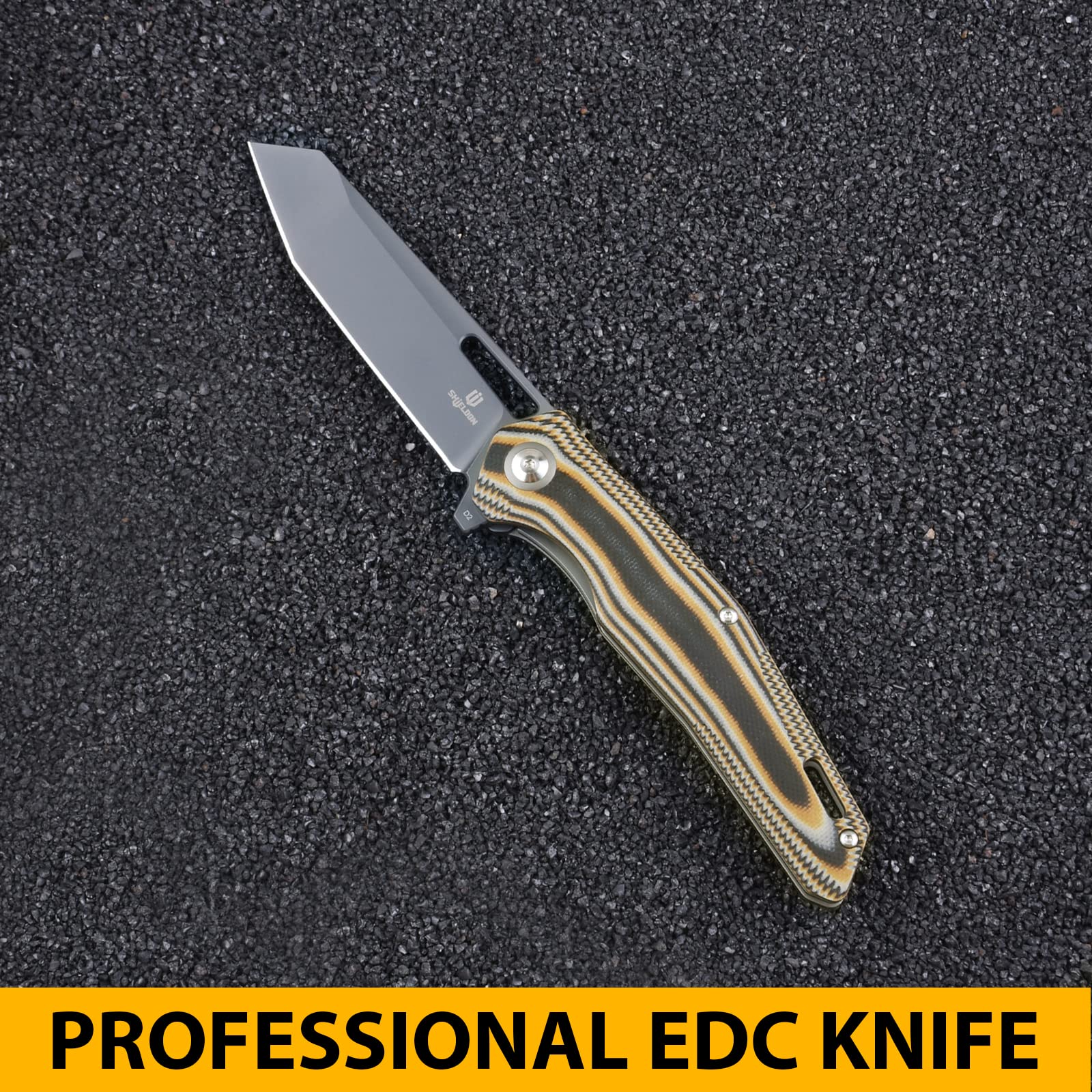 SHIELDON Boa Pocket Knife 3.82" Tanto Titanium Coating D2 Blade G10 Handle Thumb Hole Flipper Open Folding Knife with Pocket Clip for Outdoor Daily Carry