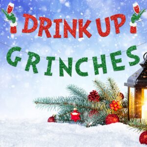 Drink Up Grinches Banner, Glittery Christmas Decorations Banners Winter Holiday Garland Photo Props Banner for Party Home Decorations