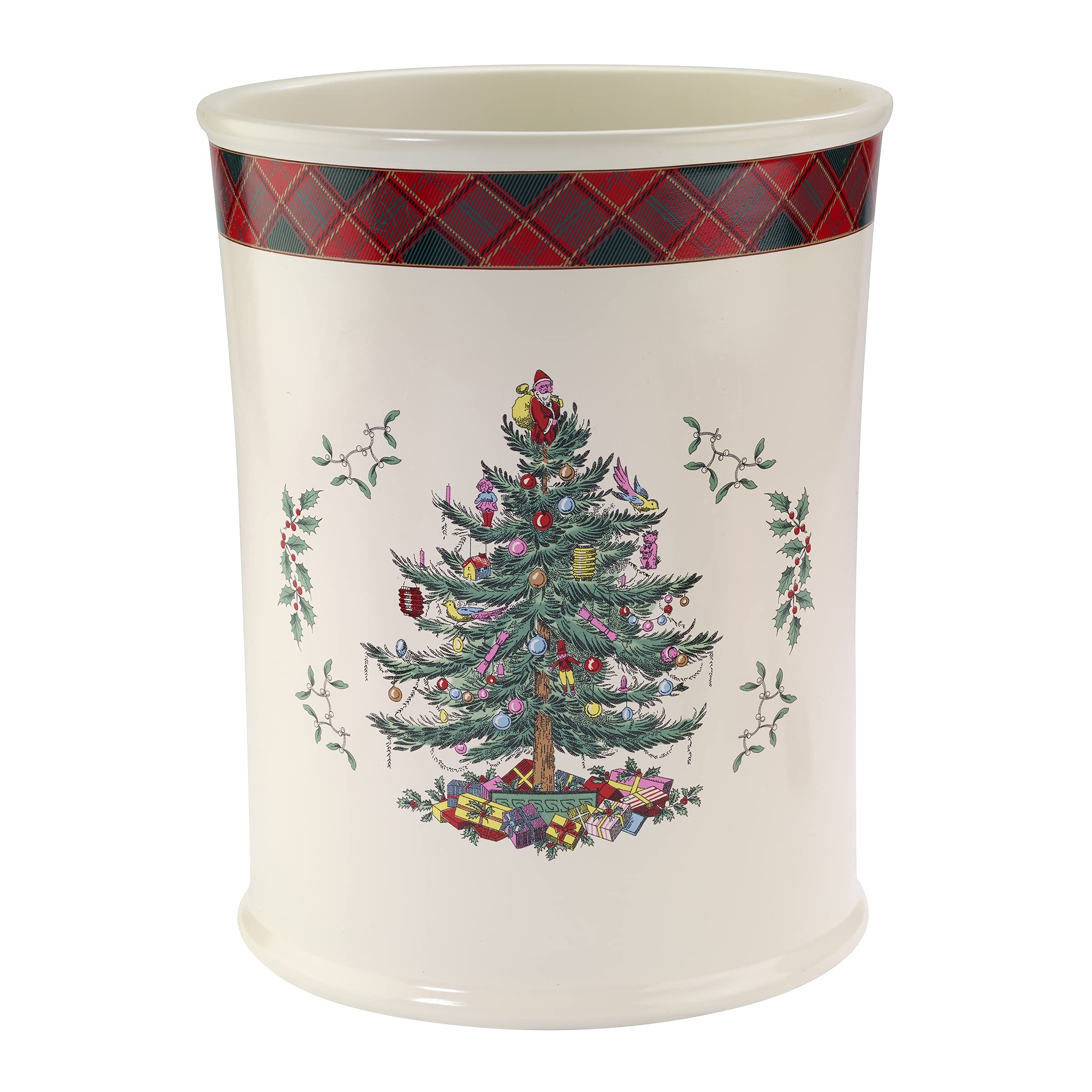 Spode - Waste Basket, Decorative Trash Can, Guest Bathroom Essentials, Holiday Home Decor Christmas Tree Tartan Collection