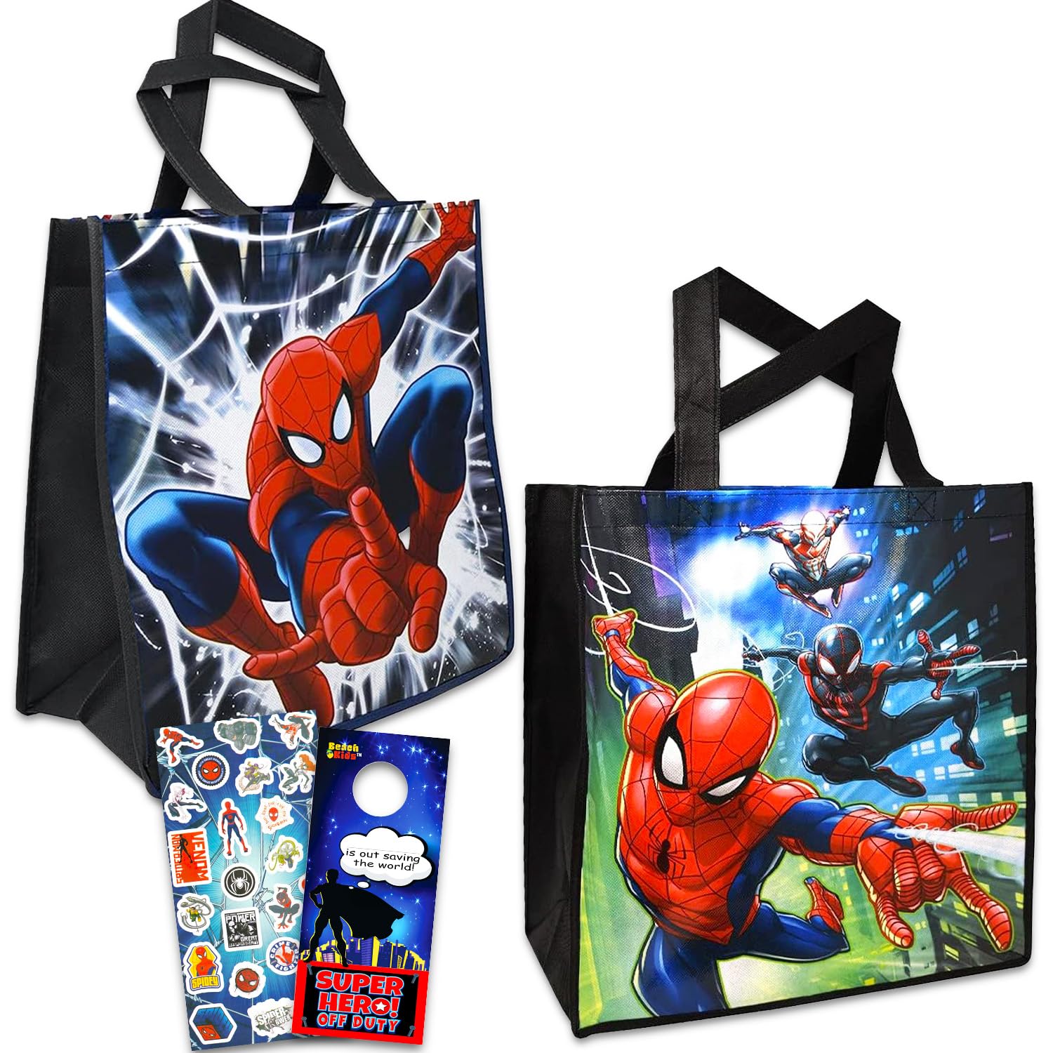 Marvel Spiderman Tote Bags Value Bundle - 3 Pc Spiderman Reusable Large Tote Superhero Grocery Bags with Stickers (Spiderman Storage and Organizing Supplies)