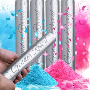 Santiago Design | Gender Reveal Confetti Cannon Poppers - Set of 4 (2 Blue 2 Pink) - 100% Biodegradable Confetti Tissue & Safe Powder Smoke - Baby Boy Girl Gender Reveal Party Supplies