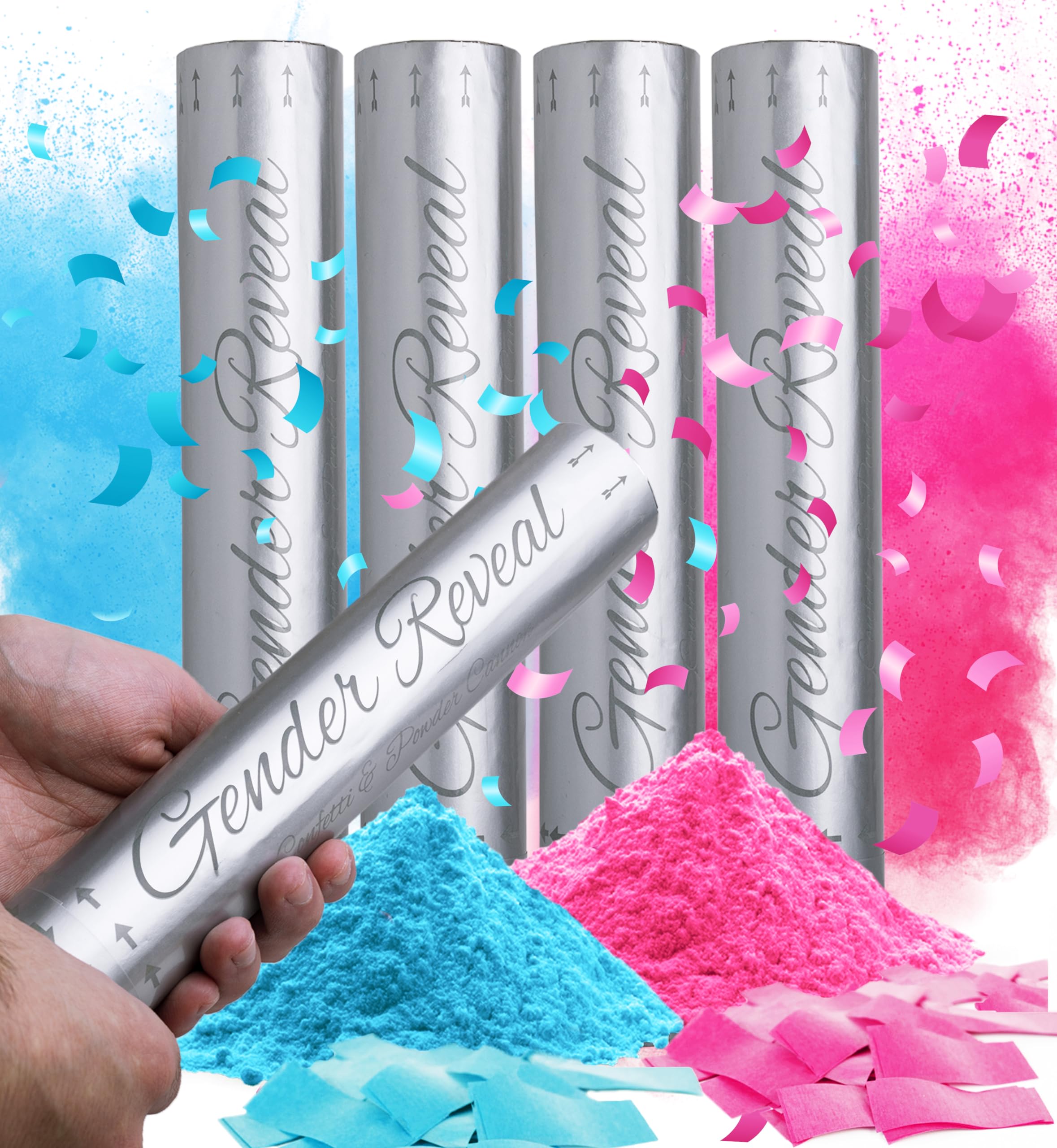 Santiago Design | Gender Reveal Confetti Cannon Poppers - Set of 4 (2 Blue 2 Pink) - 100% Biodegradable Confetti Tissue & Safe Powder Smoke - Baby Boy Girl Gender Reveal Party Supplies