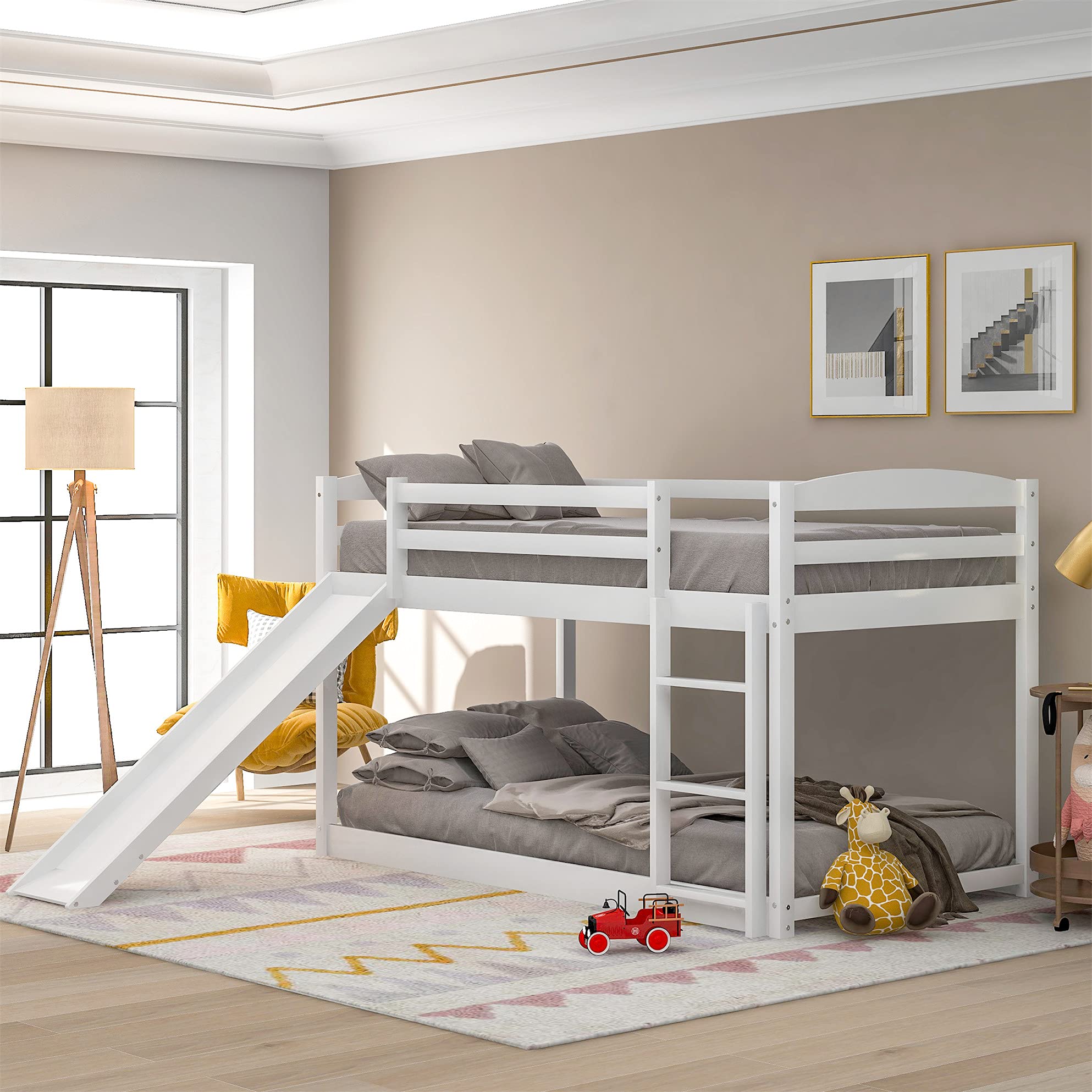 Low Bunk Beds Twin Over Twin Bunk Bed with Slide and Ladder, Wooden bunk Bed for Toddlers Kids Boys Girls (White)