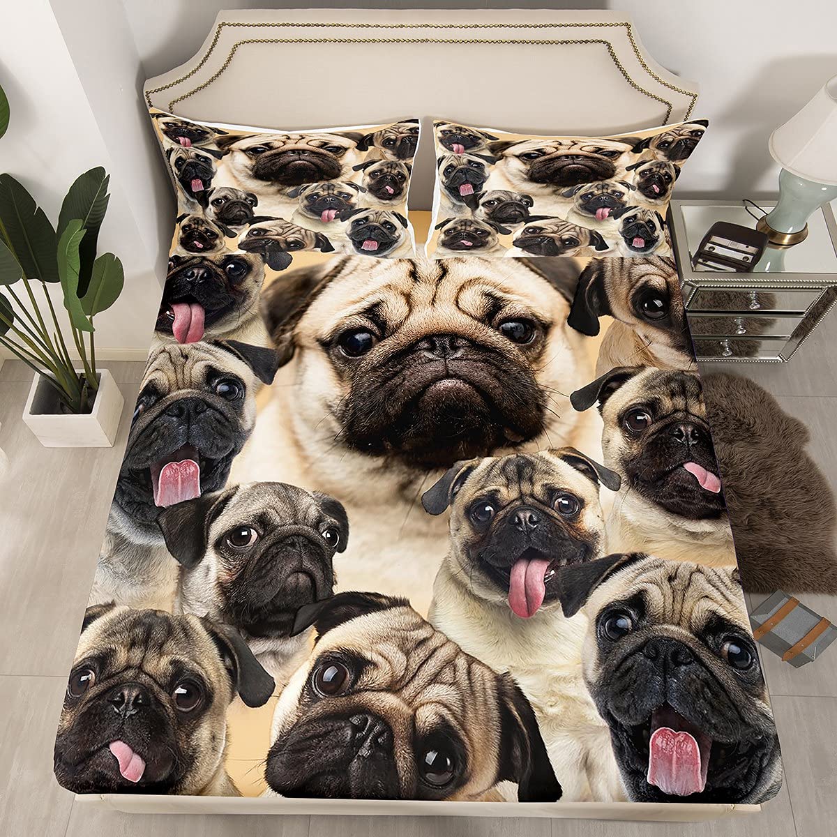 Pug Dog Bedding Sheet Set Full Size for Kids Teen Bedroom Decorations, Cute Brown Puppy Print Deep Pocket with 2 Pillow Shams, Kawaii Animal Theme Fitted Sheet for Festival Gift