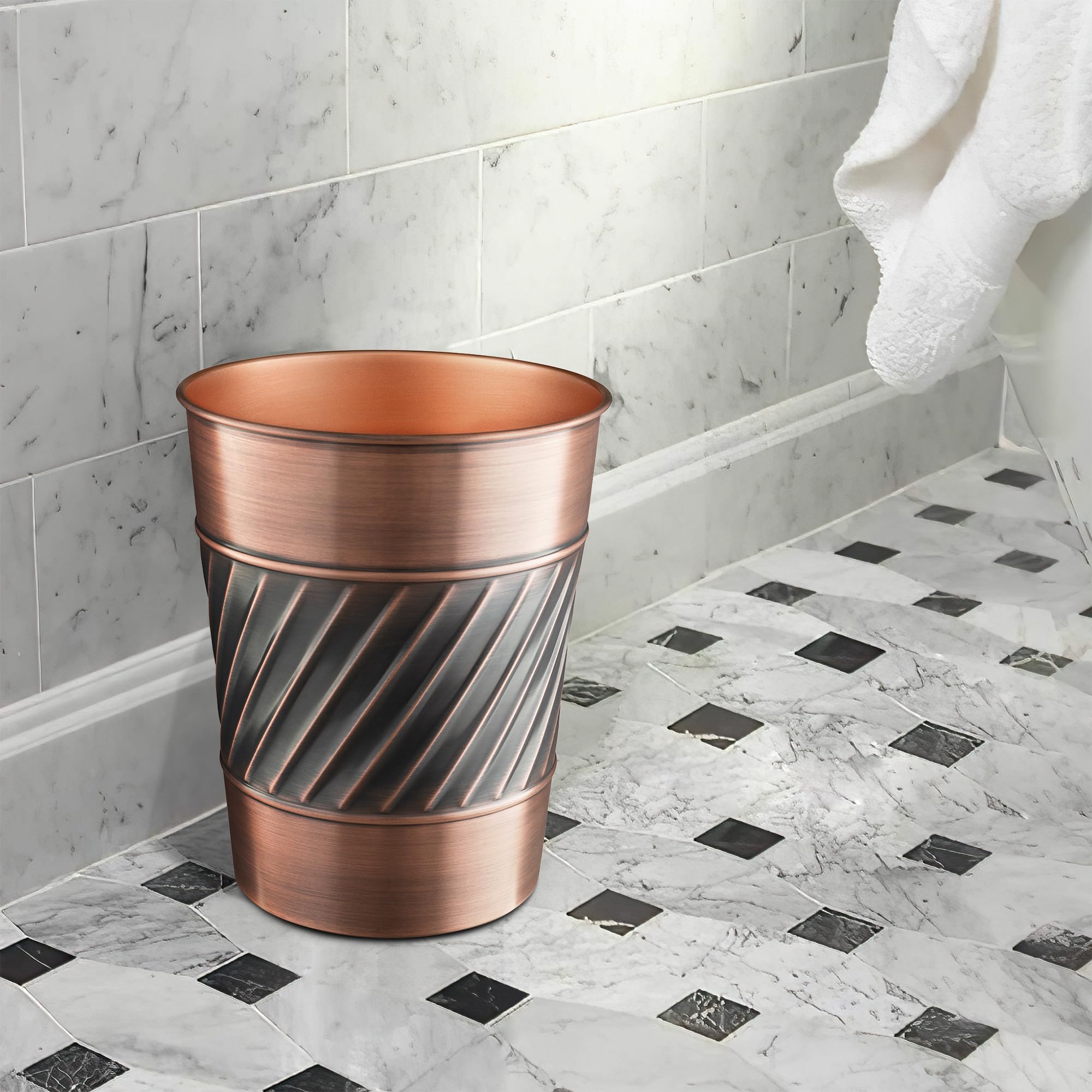 Monarch Abode 39628 Handcrafted, Wave Embossed, Metal Wastebasket Trash Can for Home Office Bedroom, Decorative Wastebasket, Modern Bathroom Decor, Durable, Antique Copper Finish