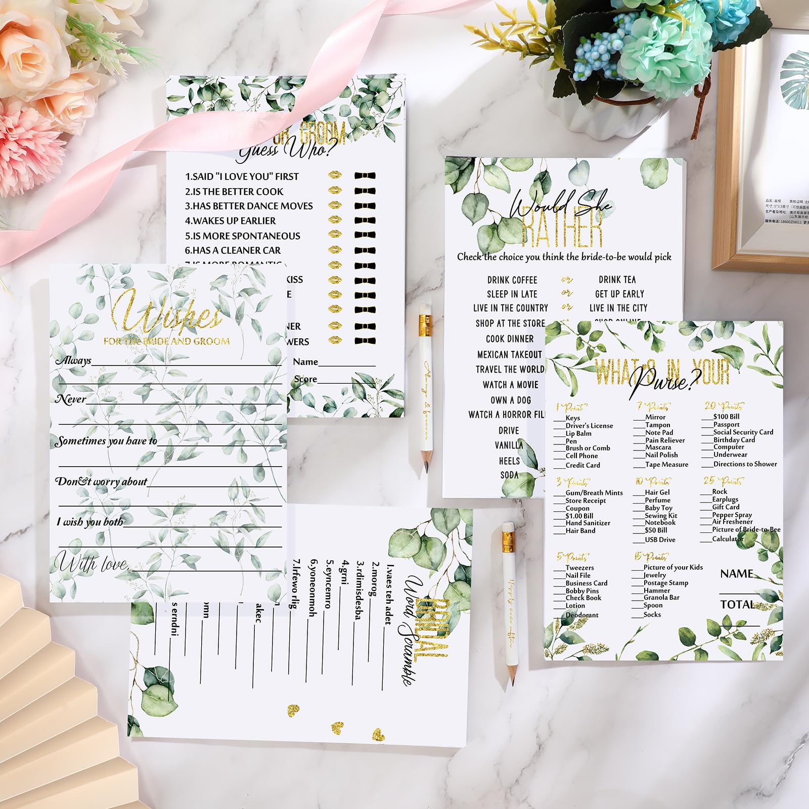 Outus 220 Pieces Bridal Shower Game Set Wedding Games Cards Eucalyptus Lemon Theme Bridal Game Supplies and Pencils Activity Accessories for Bride Groom Bachelorette Party Wedding (Greenery Style)