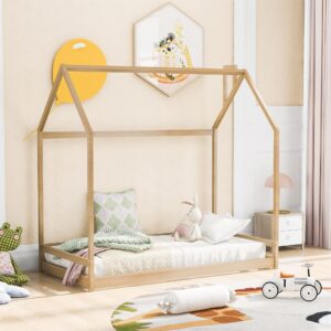 Twin House Bed, Floor Bed, Tent Bed, Wood Bed Frame with Roof for Toddlers Kids Boys Girls Teens, Box Spring Needed, Natural