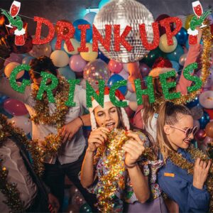 Drink Up Grinches Banner, Glittery Christmas Decorations Banners Winter Holiday Garland Photo Props Banner for Party Home Decorations