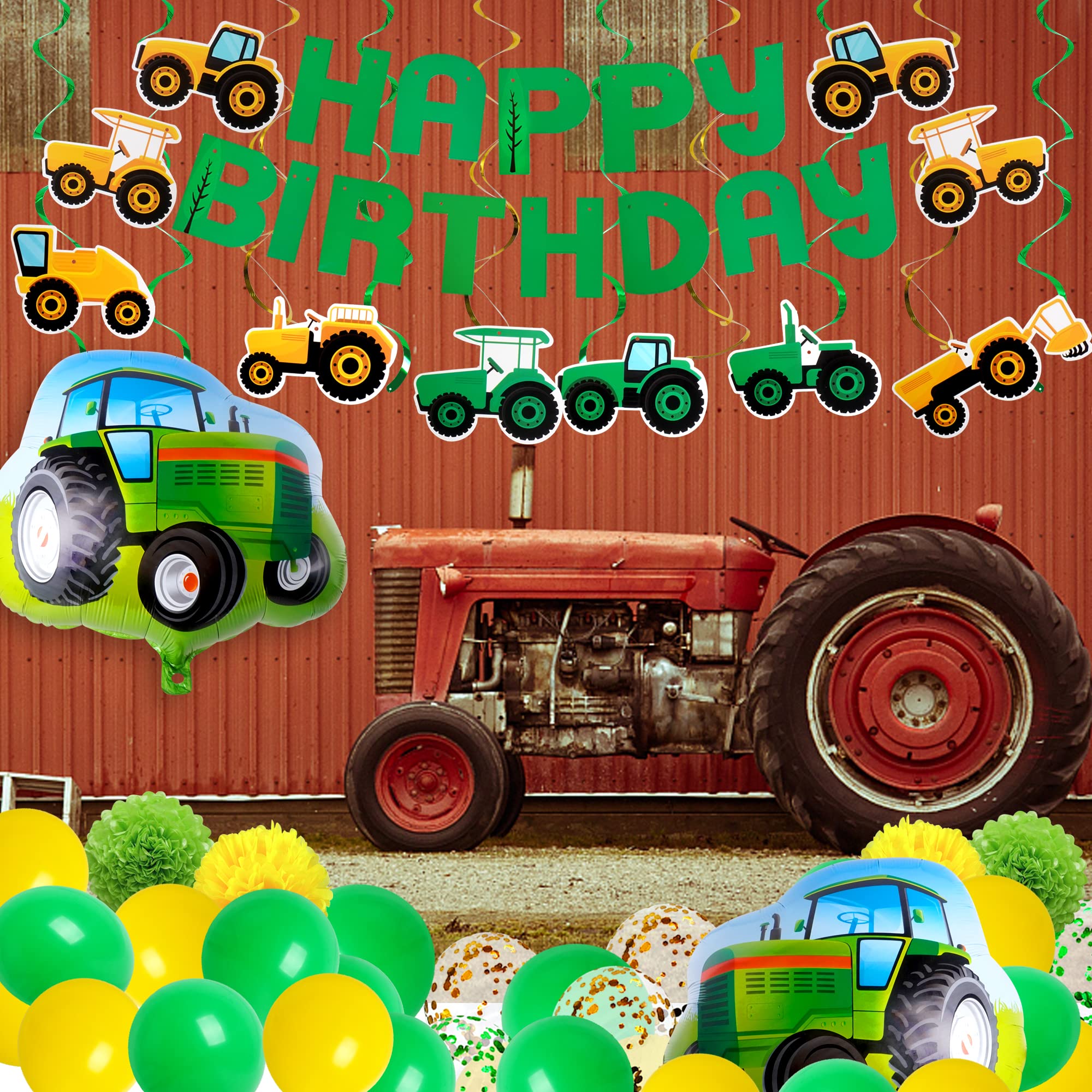 76PCS Green Tractor Themed Party Supplies with Tractor Banner Balloons Garland, Hanging Swirl and Cupcake Toppers for Farm Tractor Decorations As Themed Party Favors