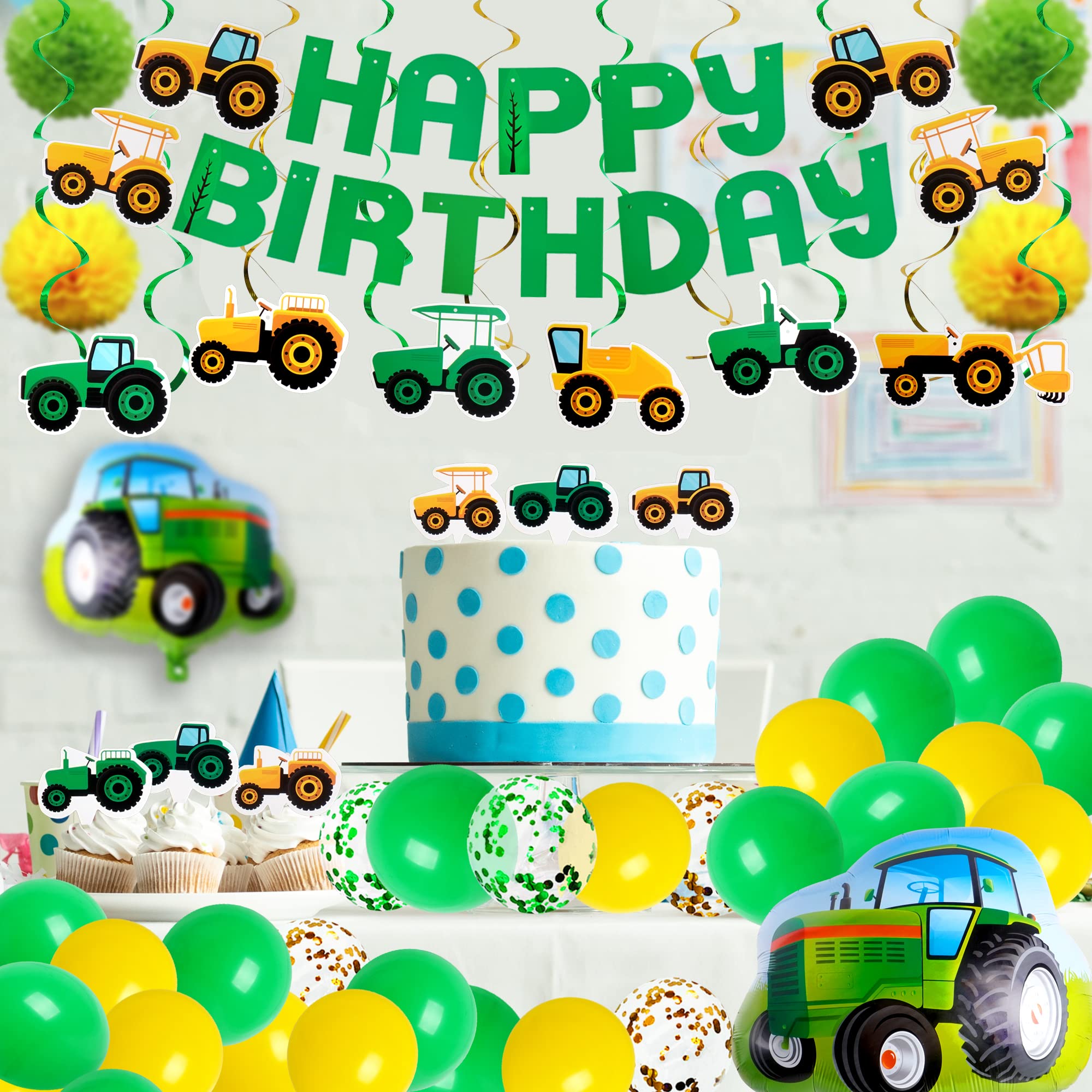 76PCS Green Tractor Themed Party Supplies with Tractor Banner Balloons Garland, Hanging Swirl and Cupcake Toppers for Farm Tractor Decorations As Themed Party Favors