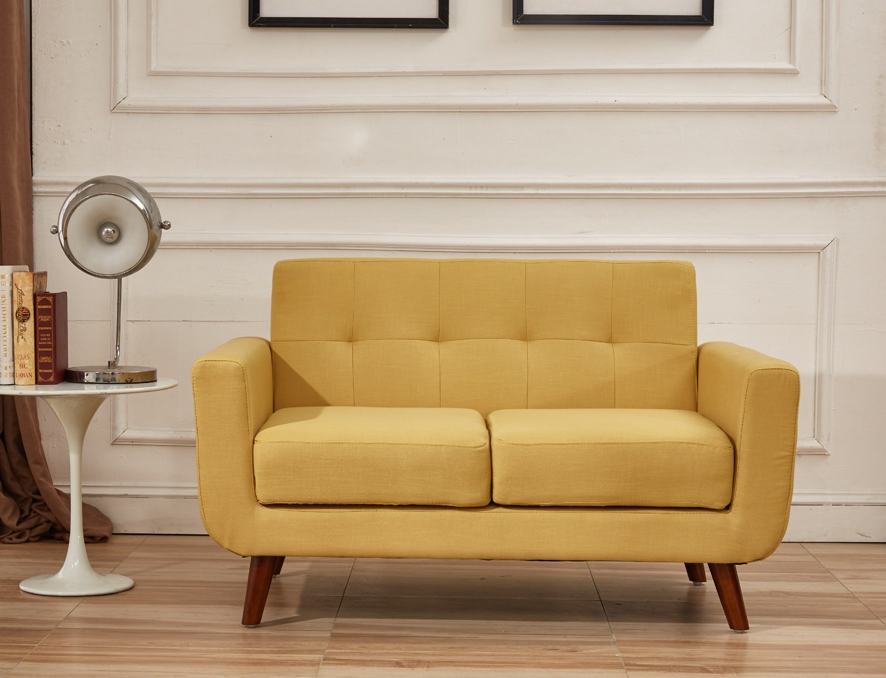 Container Furniture Direct Jenny Linen Uphostered Mid-Century Modern Button Tufted Living Room Loveseat, Mustard Yellow