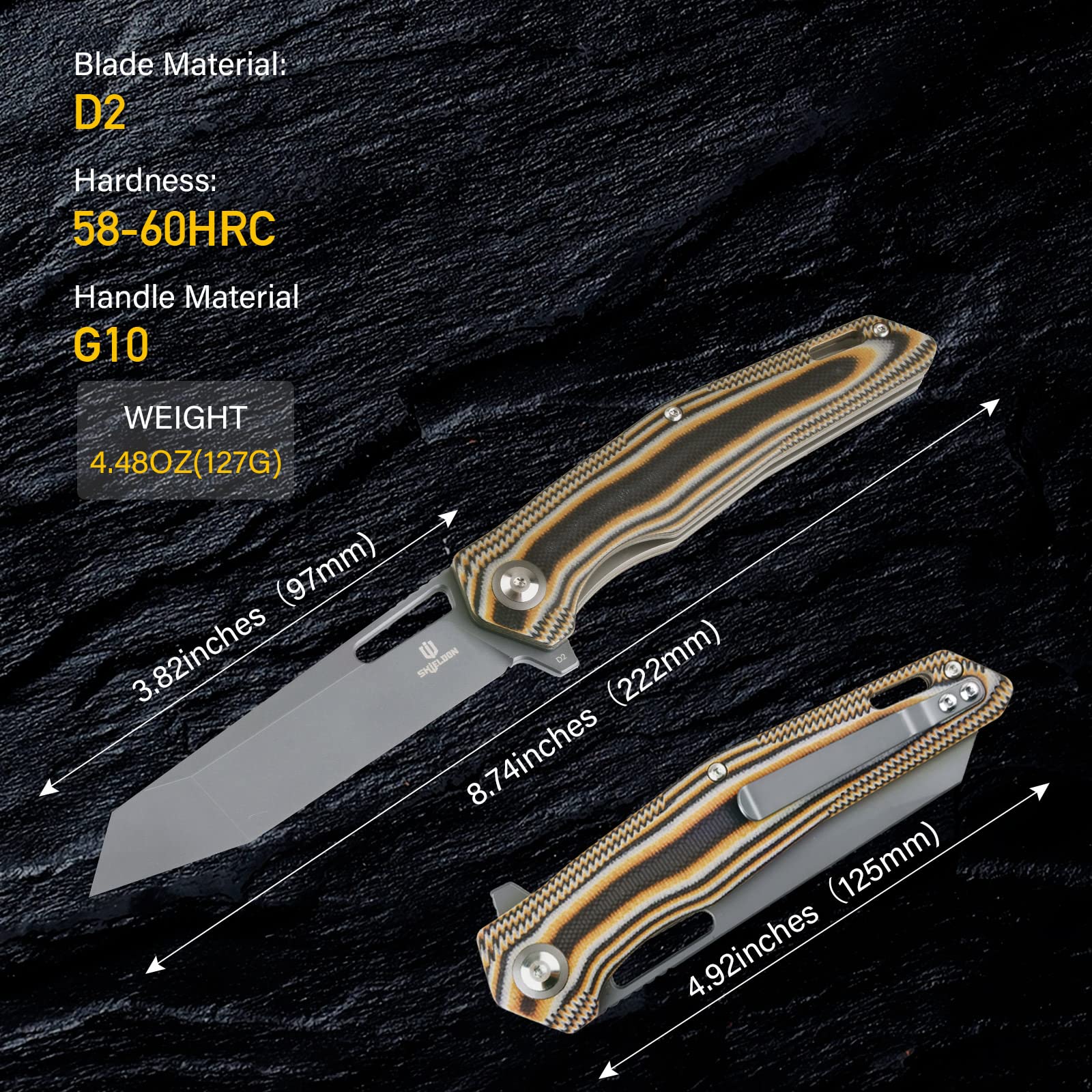 SHIELDON Boa Pocket Knife 3.82" Tanto Titanium Coating D2 Blade G10 Handle Thumb Hole Flipper Open Folding Knife with Pocket Clip for Outdoor Daily Carry