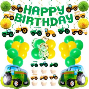 76pcs green tractor themed party supplies with tractor banner balloons garland, hanging swirl and cupcake toppers for farm tractor decorations as themed party favors