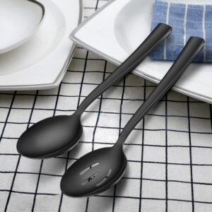 LIANYU 2 Black Serving Spoons, 2 Black Slotted Serving Spoons, 2 Black Serving Forks, 8.6 Inch Stainless Steel Metal Serving Spoons Forks for Buffet Catering Banquet, Dishwasher Safe