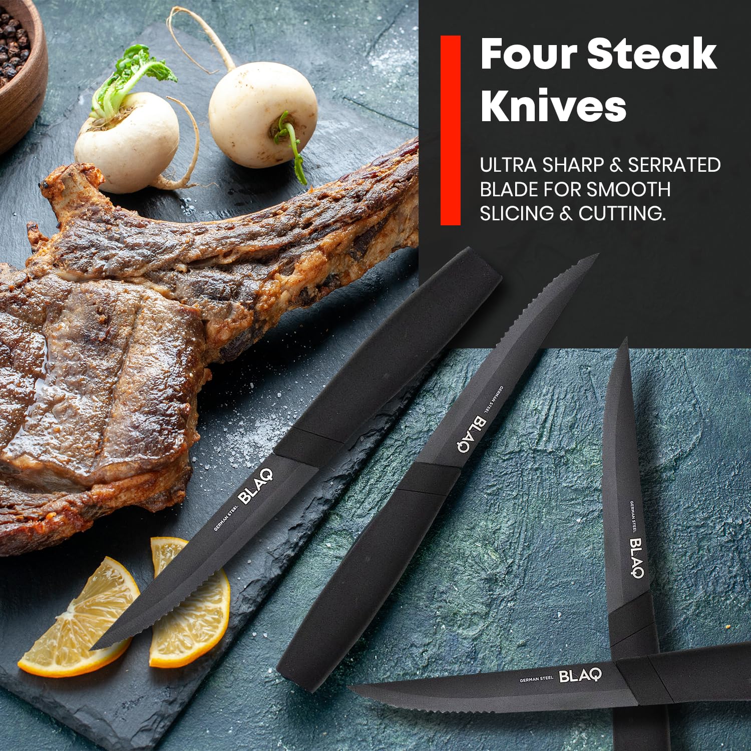 BLAQ Steak Knives Set of 4, German Stainless Steel Serrated Steak Knives with Ergonomic Handles - Dishwasher Safe Steak Knife Set - High Carbon Matte Black Steak Knives with Gift Box