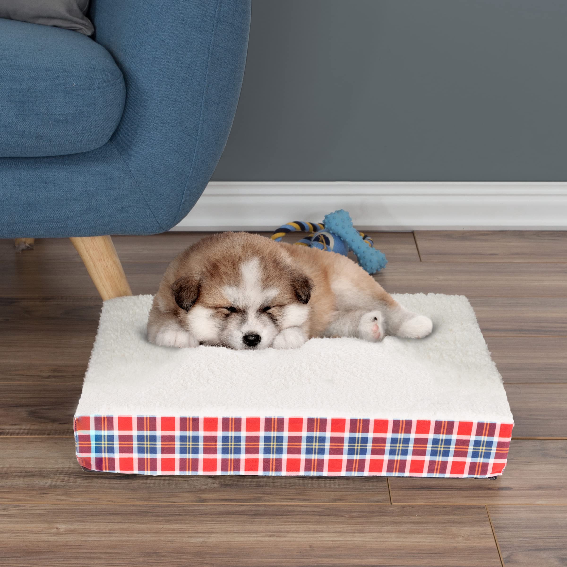 PETMAKER Orthopedic Dog Bed with Memory Foam and Sherpa Top ? Removable, Machine Washable Cover ? 20.5 x 15.5 x 3.5 Pet Bed (Plaid)