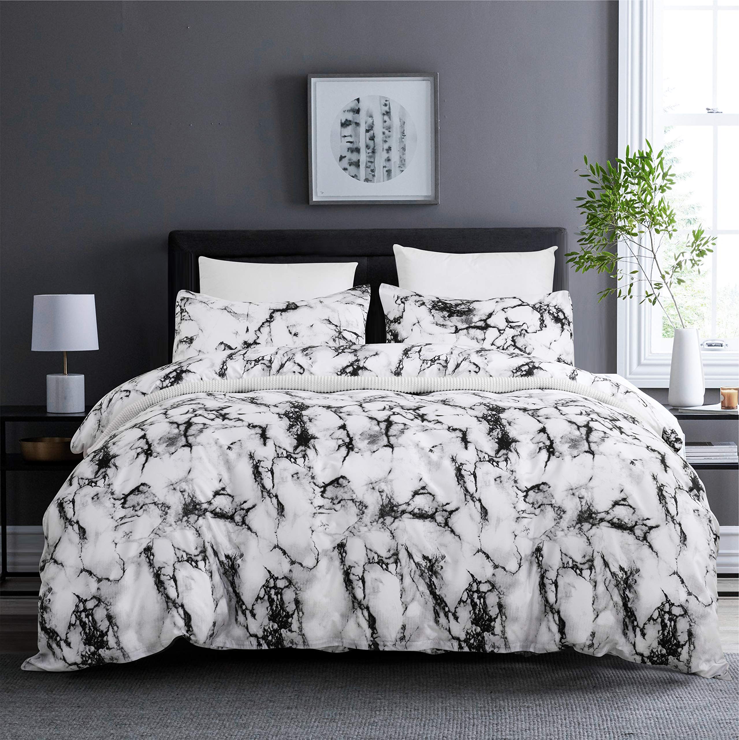 YERVEN White Marble Duvet Cover Twin Comforter Cover Set 68"X90" Duvet Cover with 1 Pillowsham 2 Pieces Microfiber Soft Lightweight Breathable Hotel Black Bedding Set(White, Twin)