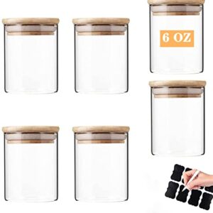 Vkzylife Glass Jars with Bamboo Wooden Airtight Lids 6oz 10oz Spice Jars Food Storage Containers for Home Kitchen, Tea, Salt, Pepper, Spices, Coffee, Herbs, Grains (6 OZ, 6 PCS)