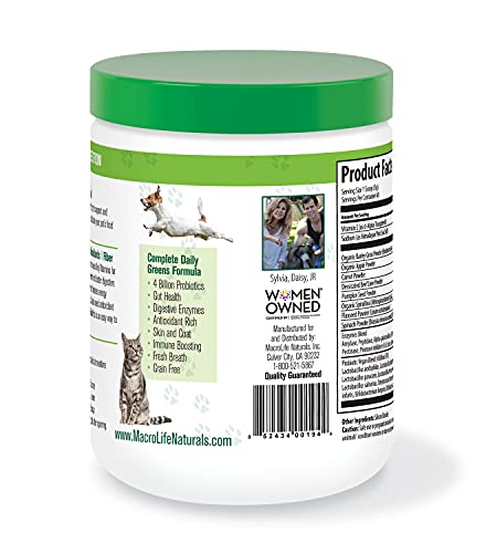 MacroLife Naturals MacroPets Greens Superfood Supplement Powder Topper for Dog Cat Small Mammal, Natural Nutrition Boost Probiotics Digestive Enzymes Vitamin E - Immune Gut Health & Energy - 6.35oz