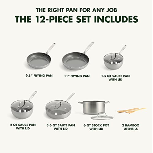 GreenPan Chatham Tri-Ply Stainless Steel Healthy Ceramic Nonstick 12 Piece Cookware Pots and Pans Set, PFAS & PFOA-Free, Multi Clad, Induction Suitable, Dishwasher Safe, Oven & Broiler Safe, Silver