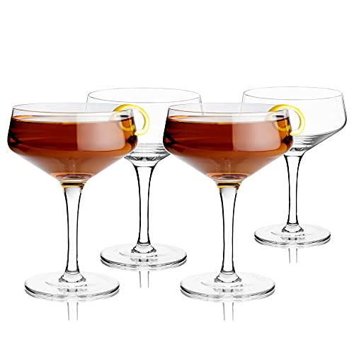 Viski Raye Angled Stemmed Crystal Coupe Cocktail glassess, Champagne Coupe Glasses, Drinkware Set, Espresso Martini glasses set of 4, 7oz