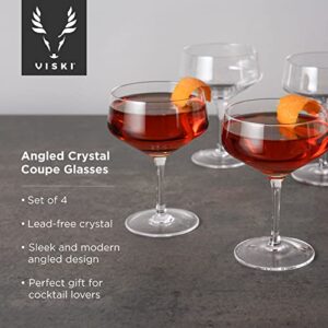 Viski Raye Angled Stemmed Crystal Coupe Cocktail glassess, Champagne Coupe Glasses, Drinkware Set, Espresso Martini glasses set of 4, 7oz