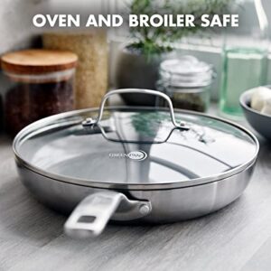 GreenPan Chatham Tri-Ply Stainless Steel Healthy Ceramic Nonstick 11" Frying Pan Skillet with Lid, PFAS-Free, Multi Clad, Induction, Dishwasher Safe, Oven Safe, Silver