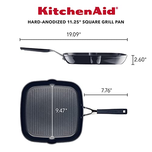 KitchenAid Hard Anodized Nonstick Square Grill Pan/Griddle with Pour Spouts, 11.25 Inch, Onyx Black