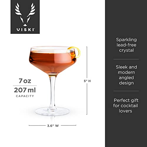 Viski Raye Angled Stemmed Crystal Coupe Cocktail glassess, Champagne Coupe Glasses, Drinkware Set, Espresso Martini glasses set of 4, 7oz