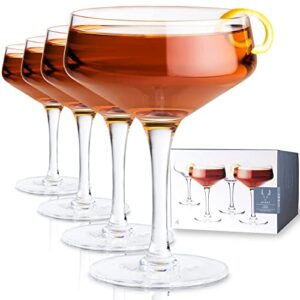 viski raye angled stemmed crystal coupe cocktail glassess, champagne coupe glasses, drinkware set, espresso martini glasses set of 4, 7oz