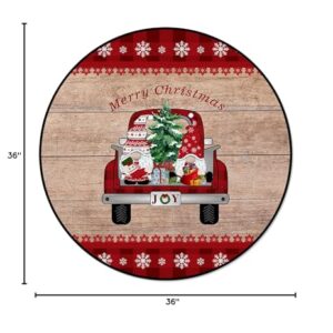 OUR DREAMS Christmas Round Area Rugs Children Crawling Mat Non-Slip Mat, Truck Xmas Gnomes on The Wooden Board Residential Carpet for Living Dining Room Kitchen Rugs Decor, 3Ft(36In)